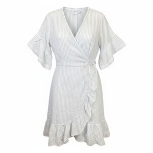 Tanya Taylor Bianca Ruffle Mini Dress Faux Wrap Blue White Stripe Cotton Size 14